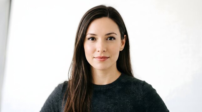 Professional studio portrait of a confident woman with dark hair wearing a black top against a clean neutral background, suitable for corporate profiles and business branding.