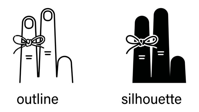 Reminder Icon Set: A set of icons depicting fingers with string tied around them, symbolizing a reminder, memory, or task. One is an outline and the other is a silhouette.