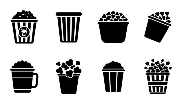 Popcorn Buckets Vector Icons Set, Cinema Snack Containers, Movie Night Treats, Black and White Graphics for Food and Entertainment