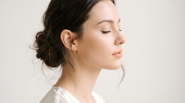 Close-up portrait of a young woman with clear, natural-looking skin and closed eyes against a bright background, conveying skincare, beauty, relaxation, and wellness.
