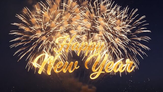 Golden Happy New Year text with festive fireworks at night
