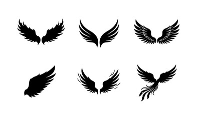 Naklejka premium Six Diverse Black Wing Icons Set, Angelic Feathered Wings Collection, Stylized Bird Wings Graphics, Fantasy and Mythology Symbol Vector Pack for Design