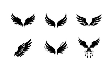 Naklejka premium Set of Six Black Angel Wings Vector Icons, Stylized Feathered Wing Graphics for Fantasy and Spiritual Designs, Versatile Decorative Elements