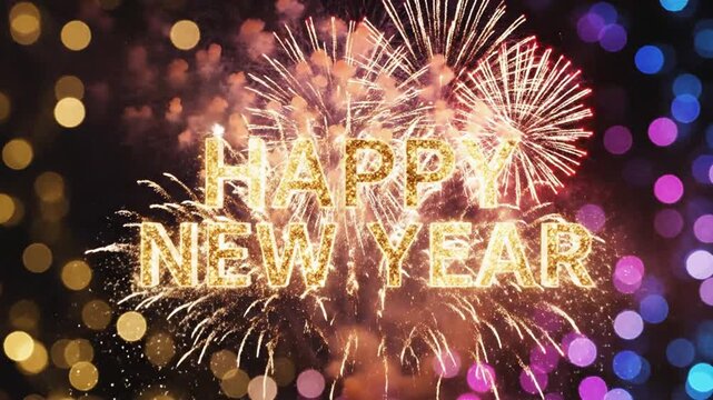 Golden Happy New Year text with fireworks and colorful bokeh