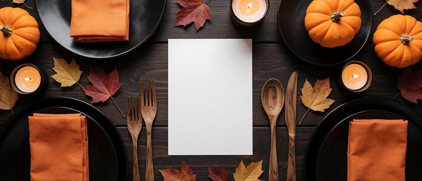 Autumn Thanksgiving Table Setting with Pumpkins, Fall Leaves, Candles and Blank Menu Card Mockup on Rustic Wooden Background