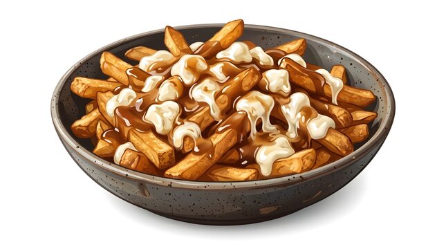 Poutine, Sliced potatoes and mushrooms coated in a creamy sauce, served in a rustic skillet. A comforting homemade dish ideal for food, cooking, and restaurant concepts.