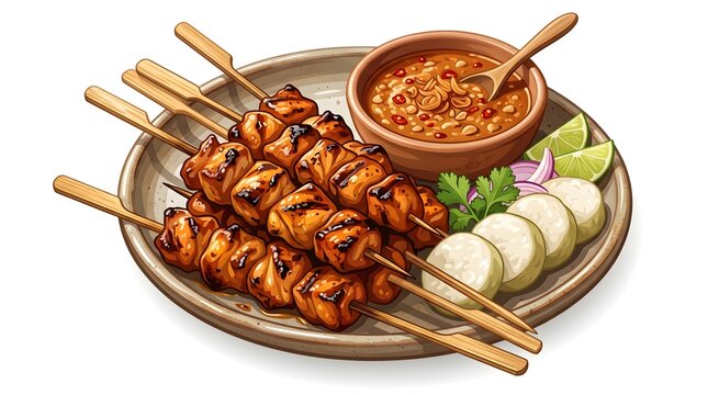 Digital vector illustration of Grilled chicken satay skewers served with rich dipping sauce, cucumber, and fresh garnish, representing a popular Indonesian and Southeast Asian street food specialty.