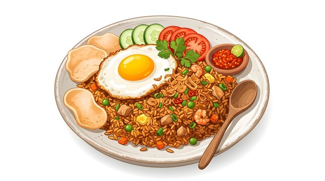 Digital vector illustration of Steamed white rice served with spicy sambal, fried egg, cucumber, peanuts, and vegetables, creating a colorful and traditional Indonesian meal.