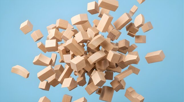 Flying wooden blocks exploding in air against a blue background