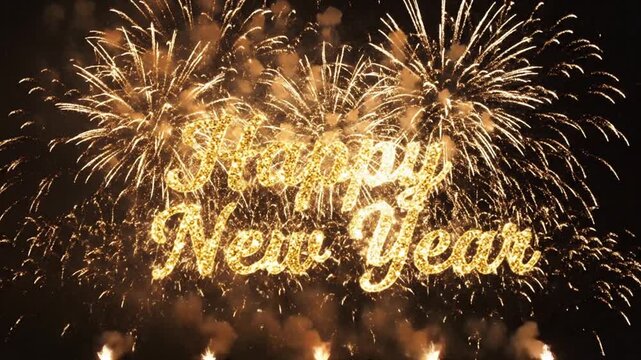 Golden Happy New Year text with fireworks in night sky