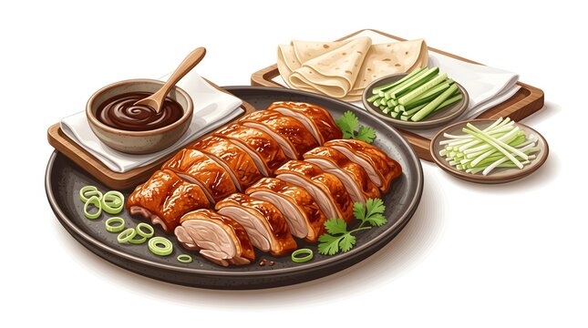 Digital vector illustration of Peking_duck,Fragrant rice served with roasted chicken, vegetables, herbs, and colorful garnishes, creating a hearty and appetizing Middle Eastern or Asian-inspired meal.