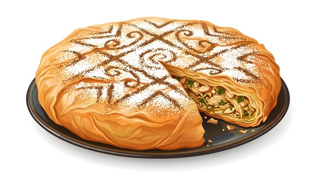 Golden braided pastry decorated with powdered sugar and elegant patterns, creating an inviting bakery presentation inspired by European sweet breads.