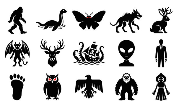 Cryptid Monsters and Mythical Creatures Silhouette Icon Set with Bigfoot, Loch Ness Monster, Mothman, Chupacabra, Jackalope, Devil, Kraken, and Alien Elements for Graphic Designs