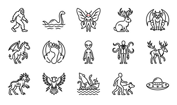 Cryptid Monsters and Mythical Creatures Outline Icon Set with Bigfoot, Loch Ness Monster, Mothman, Jackalope, Alien, Gargoyle, and UFO Elements for Graphic Designs
