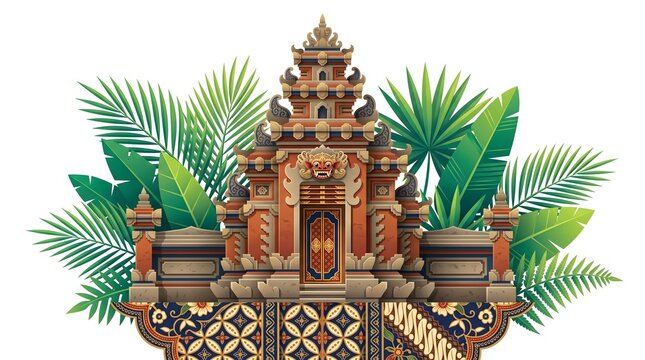 Ornate Balinese temple gate surrounded by tropical palm leaves and decorative stonework, representing Indonesian heritage, spirituality, and cultural tourism.