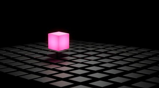 Glowing pink cube standing out from a grid of dark black blocks
