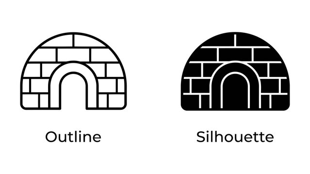 Igloo Icon: A clear outline and solid silhouette of an igloo, representing a traditional arctic dwelling, perfect for winter or exploration themes.