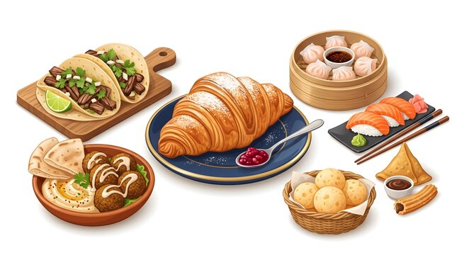 Digital vector illustration of Traditional French breakfast featuring a buttery croissant, coffee, and pastries arranged on a table, creating a warm European caf&eacute; atmosphere.
