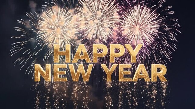 Golden Happy New Year text with flowers and fireworks
