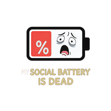 Cute Dead Battery Emoji with Sad Face, My Social Battery Is Dead Text, Red Low Power Icon, Funny Internet Meme Illustration, Social Media Graphics