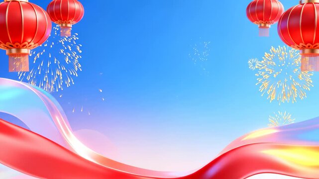 Chinese New Year Celebration Background with Red Lanterns, Fireworks, and Flowing Ribbon on Sky