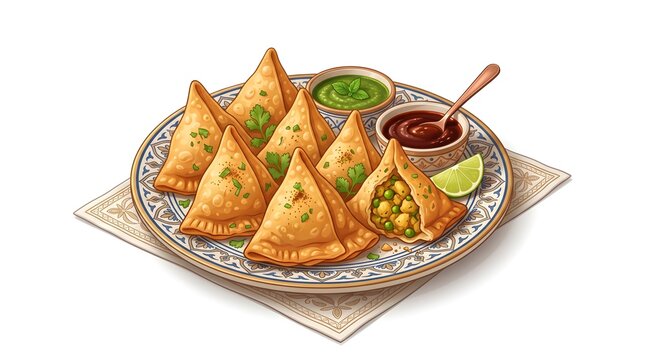 Digital vector illustration of Golden vegetable samosas arranged on a plate with fresh green and brown chutneys, showcasing an appetizing traditional Indian snack platter.