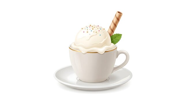 Creamy vanilla ice cream served in a white cup with a wafer stick, creating a simple and elegant dessert presentation on a clean background.