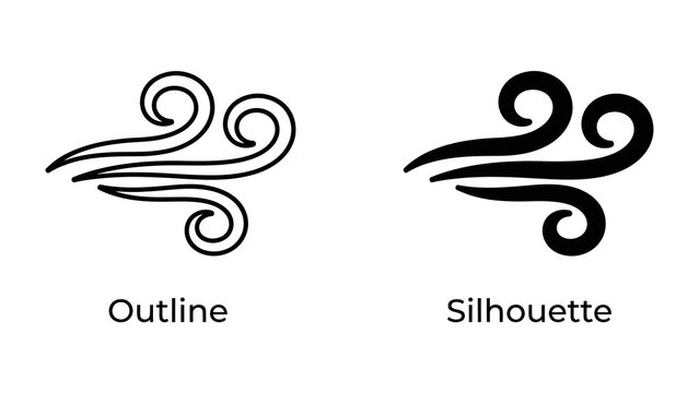 Wind Swirls Outline and Silhouette: Two graphic representations of swirling wind patterns, one as a clean outline and the other as a bold silhouette, perfect for representing air currents, weather.