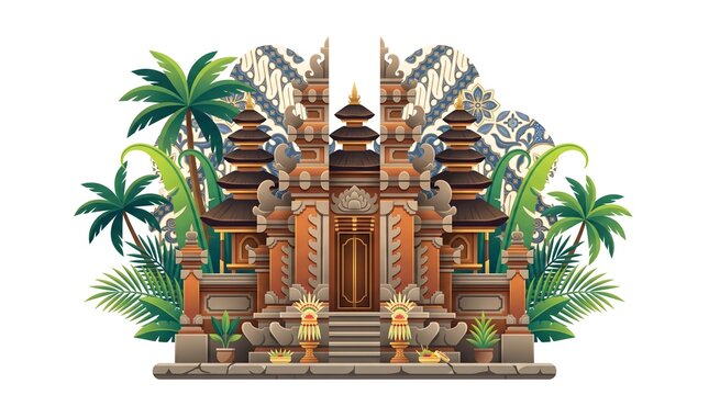 Detailed tropical temple illustration surrounded by palm leaves and decorative architecture, representing Indonesian heritage, Balinese culture, and Southeast Asian tourism.