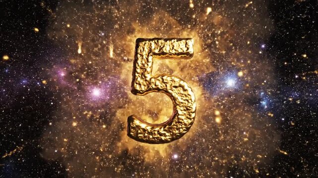 Golden number five in glowing deep space nebula background