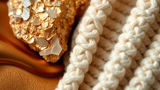 Sensory Texture Contrast of Raw Mica Mineral Flakes Liquid Bronze and Ivory Boucle Wool Fabric