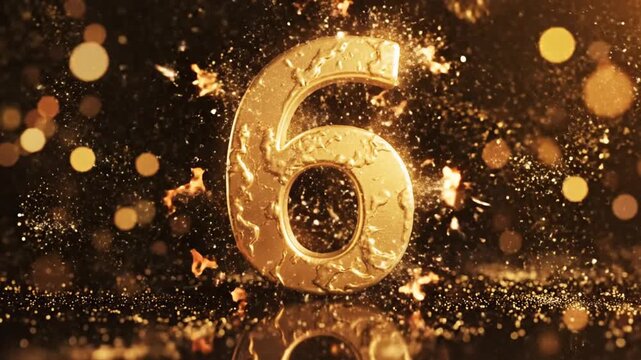 Golden number six with water splash on dark background