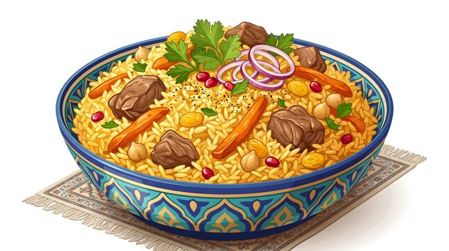 Uzbek plov of Colorful rice dish topped with grilled chicken, vegetables, herbs, and spicy sauce, inspired by flavorful Asian and Middle Eastern cuisine.