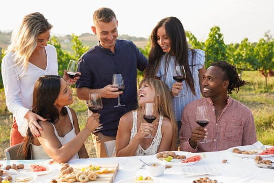 Happy multiracial friends having fun during wine tasting outdoor - Diverse adult people doing picnic at vineyard - Summer, party and vacation concept