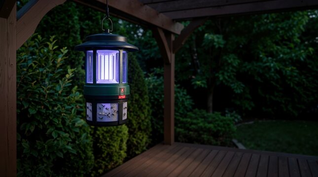 Electric bug zapper hanging on a wooden pergola at night. Glowing UV insect trap with caught mosquitoes in a dark backyard. Pest control and outdoor safety concept