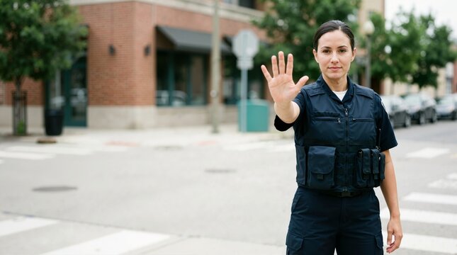 Female police officer making a stop hand gesture on a city street. Uniformed woman in a tactical vest signaling to halt. Law enforcement, traffic control and authority concept