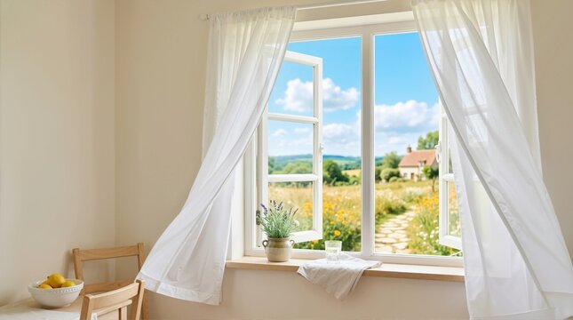 Open window with blowing white curtains looking out to a countryside landscape. Sunny summer day view of a cottage and wildflower field from an indoor room