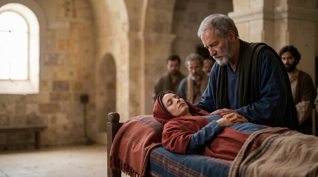Biblical reenactment of a healer laying hands on a sick woman. Ancient scene with a bearded man and concerned onlookers in a stone hall