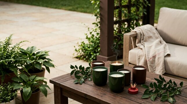 Lit scented candles in ceramic jars on a wooden patio table. Outdoor lounge area with potted plants and a cozy sofa
