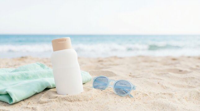Sunscreen bottle and sunglasses on a sandy beach. Sun protection lotion with a towel on the shore and blurred ocean background. Summer vacation and skincare concept