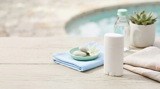 Deodorant stick on a wooden table by a pool. Body care product with a towel, flower, and succulent in a spa setting. Hygiene and wellness concept