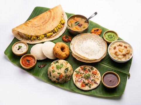 South IndiaGroup of South Indian food like Masala Dosa, Uttapam, Idli/idly, Wada/vada, sambar, appam, semolina halwa, upma served over banana leaf with colourful chutneys . Closeup isolated on n Food.