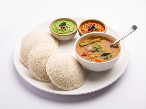 Idli with Sambhar and green, red chutney.. Closeup isolated on white background. South Indian Food.