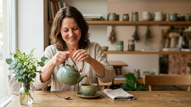 Smiling woman pouring tea from a ceramic teapot in a cafe. Female customer enjoying a hot beverage at a wooden table. Cozy tea house and relaxation concept