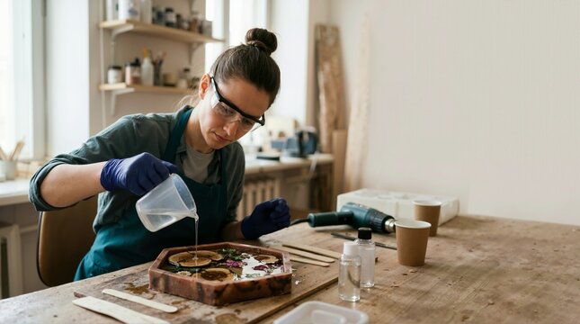 Woman pouring liquid epoxy resin into a wooden mold. Female artisan crafting a handmade tray with dried flowers in a workshop