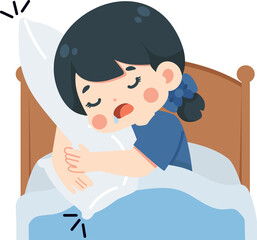 Cute Cartoon Girl Sleeping and Drooling While Hugging Pillow in Bed Illustration