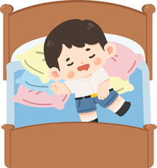 Cute Student Boy Sleeping in Bed Cartoon Illustration
