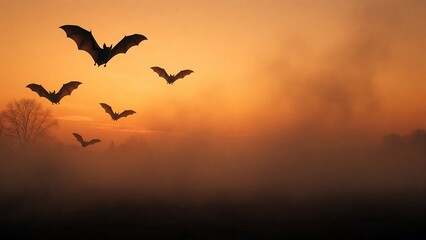 Fototapeta premium Flying Bats Silhouetted Against an Orange Foggy Sunset Sky, Spooky Halloween Wildlife Background