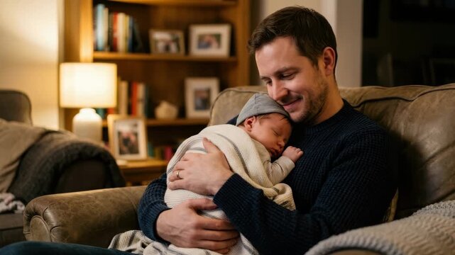 Father lovingly cradles sleeping newborn baby in cozy living room setting