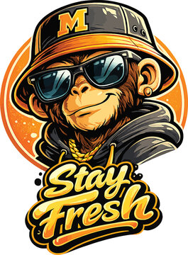 Hip-hop monkey mascot in a bucket hat and shades with "Stay Fresh" text. Level up your urban streetwear designs&mdash;download this dope graphic today!